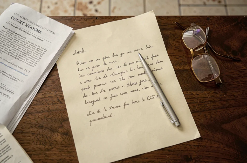 Gros plan d'une lettre manuscrite adressée à un juge avec convocation et documents officiels