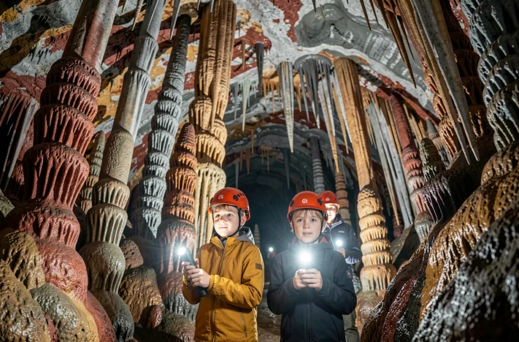 Famille avec enfants explorant les stalactites de la Grotte de la Salamandre dans le Gard