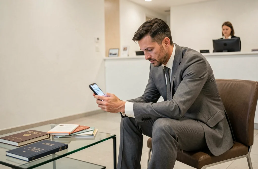 Homme attendant seul dans un cabinet d'avocat avant une audience concernant la garde d'enfants et le droit de visite