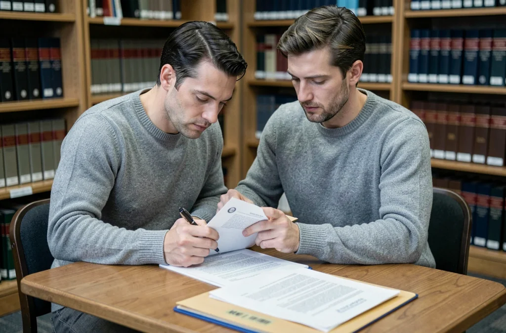 Un homme lisant attentivement des documents juridiques relatifs à ses droits lors d'un changement d'avocat en cours de procédure