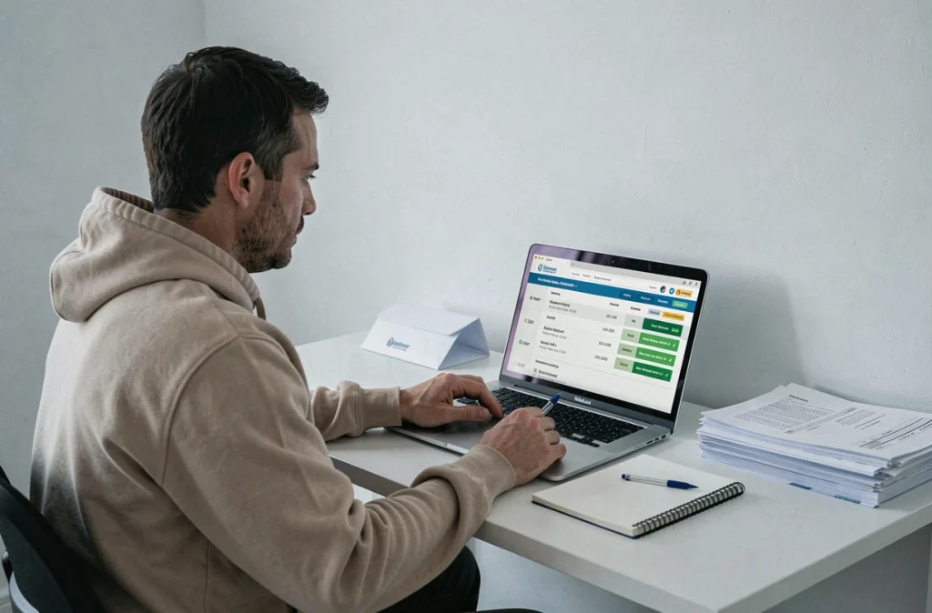 Homme consultant le calendrier de paiement RSA 2026 sur un ordinateur portable avec des notes administratives