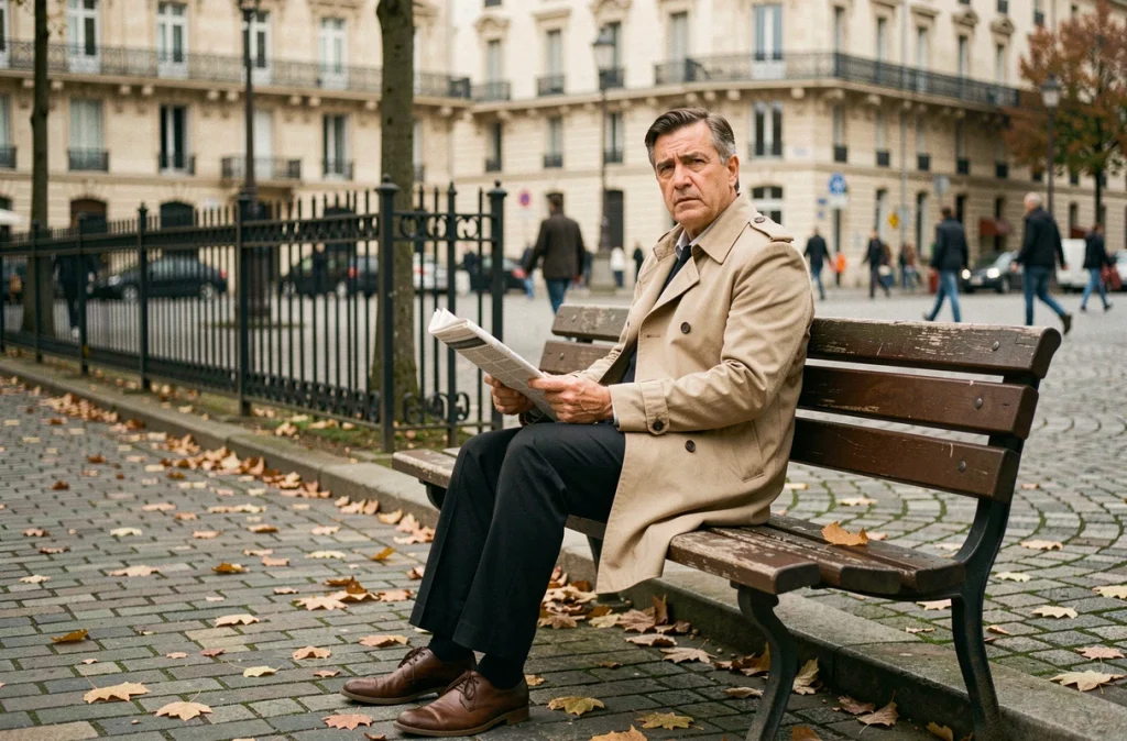 Homme seul pensif sur un banc de parc parisien en automne, évoquant la solitude après une séparation ou un divorce