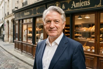Portrait d'un homme distingué devant une boulangerie traditionnelle d'Amiens, évoquant l'héritage familial Trogneux