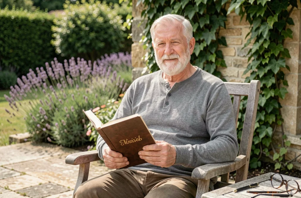 Grand-père dans son jardin tenant un journal en cuir personnalisé offert pour la Fête des grands-pères