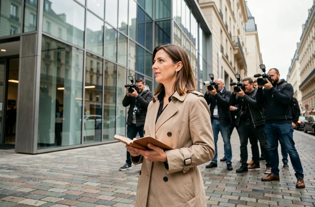 Journaliste devant un immeuble parisien entourée de photographes, symbolisant la pression médiatique sur la vie privée des personnalités publiques