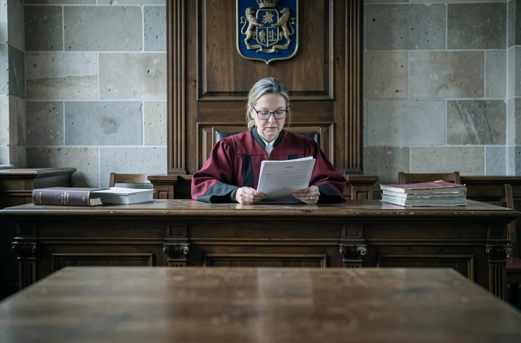 Juge aux affaires familiales examinant un dossier face à un banc vide lors d'une audience de pension alimentaire ou de droit de visite