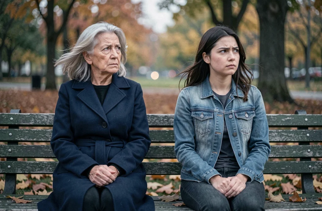 Mère et fille adulte assises sur un banc de parc en automne, distance émotionnelle visible entre elles, relation difficile parent-enfant