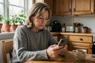 Mère d'une cinquantaine d'années assise seule à sa table de cuisine, regardant son téléphone en attendant un message de sa fille