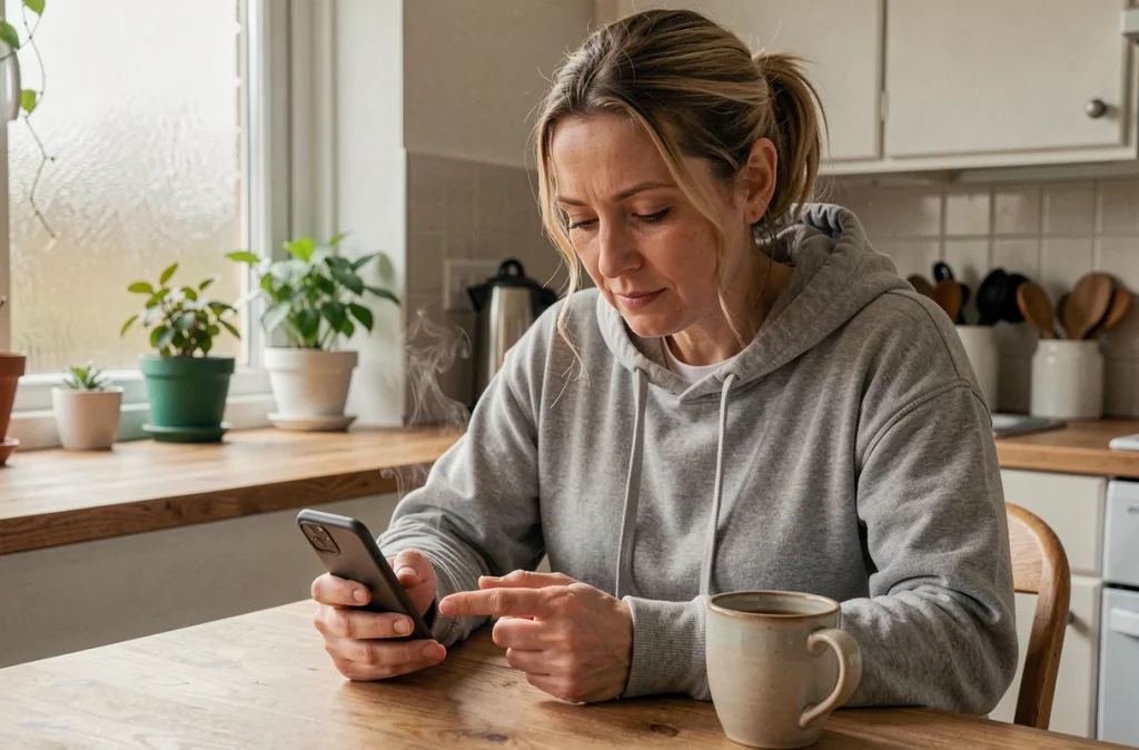 Femme seule à sa table de cuisine tapant un message de condoléances sur son smartphone avec une expression bienveillante