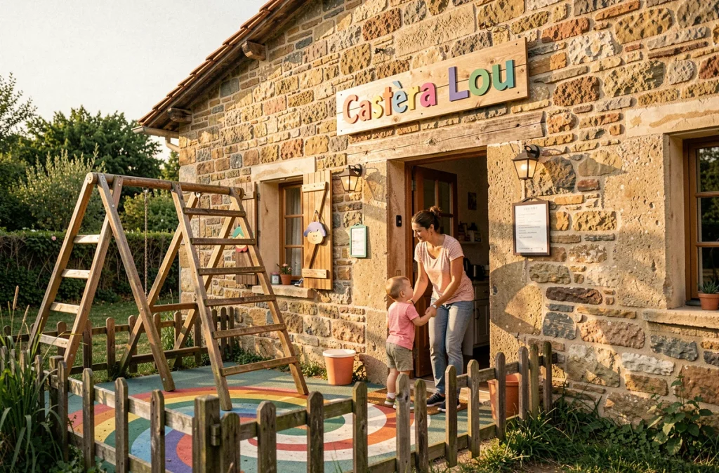Entrée extérieure de la micro-crèche Arc en Ciel à Castéra-Lou avec aire de jeux et décoration arc-en-ciel
