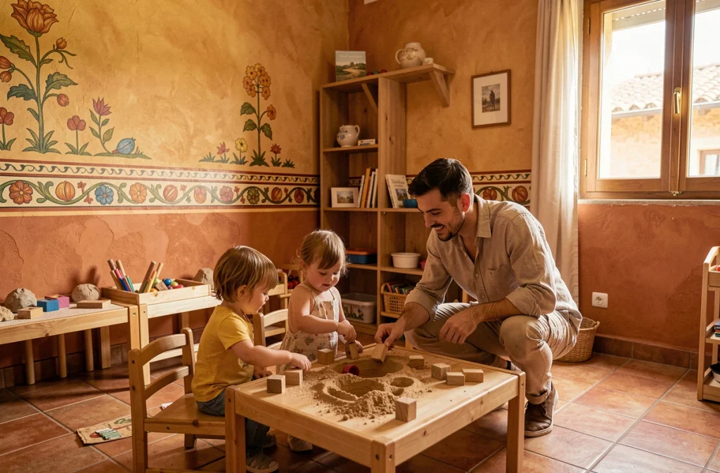 Salle de jeux de la micro-crèche La Ninoèra à Castelnaudary avec décoration inspirée de l'Occitanie et enfants en activité