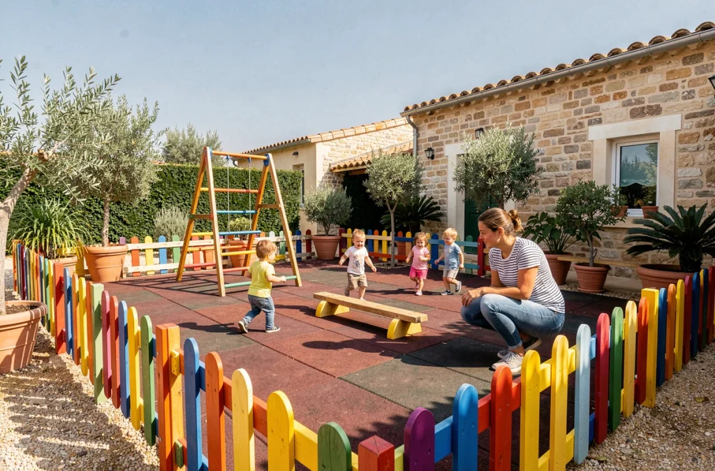 Aire de jeux extérieure colorée de la micro-crèche Les Galopins à Lunel avec enfants actifs et végétation méditerranéenne