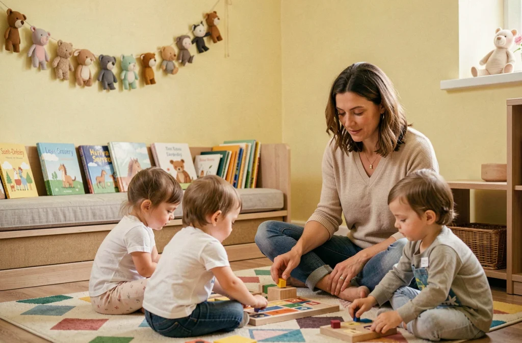Intérieur douillet de la micro-crèche Ô Petit Bonheur à Saint-Drézéry avec enfants jouant sur un tapis coloré
