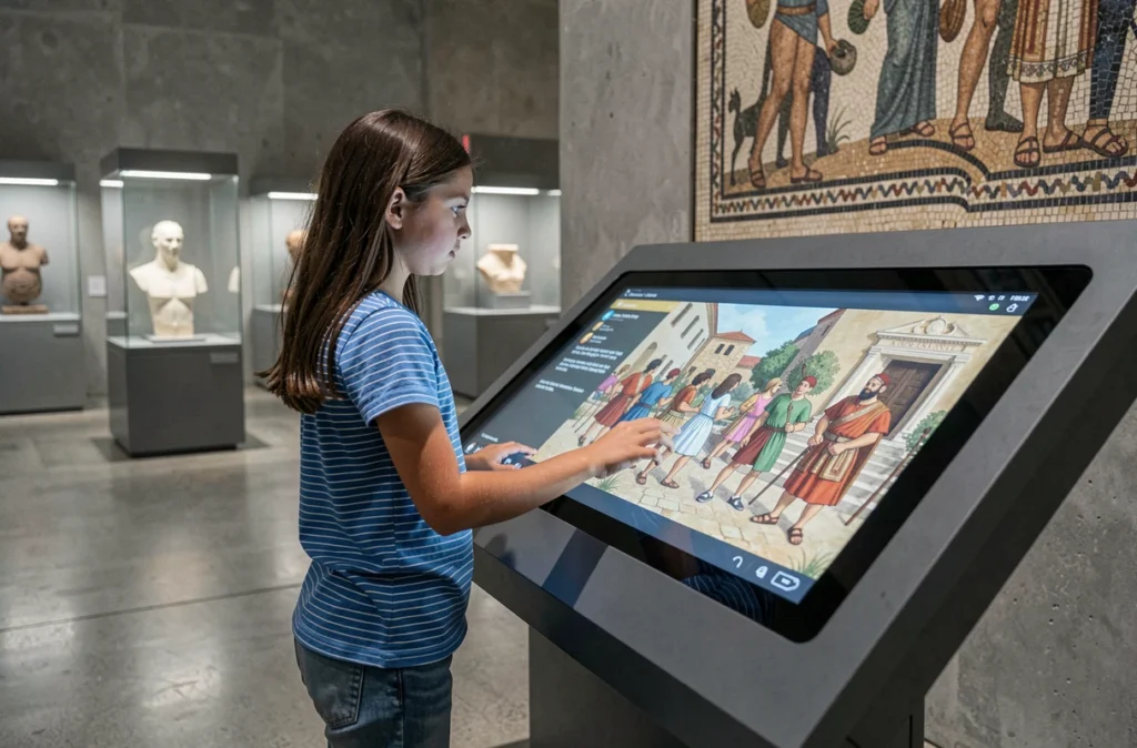Jeune fille interagissant avec une borne numérique au Musée de la Romanité de Nîmes