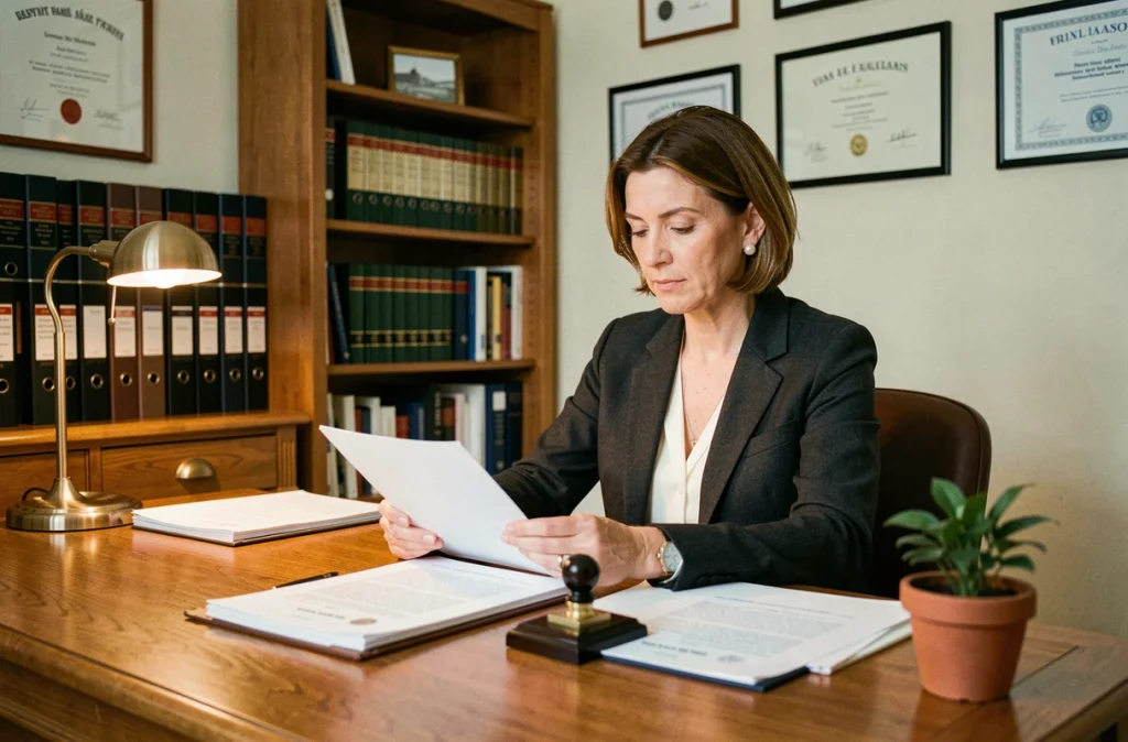 Notaire française examinant des documents officiels de divorce dans son bureau, symbolisant les démarches juridiques de séparation en France