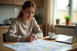 Mère organisant les vacances scolaires en zones avec un calendrier papier et un ordinateur portable sur une table de cuisine