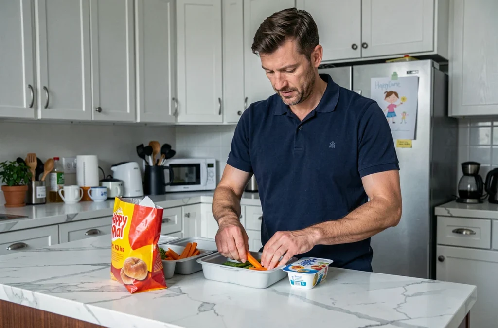 Père préparant un Happy Meal complété d'accompagnements sains comme des légumes et un yaourt dans une cuisine familiale