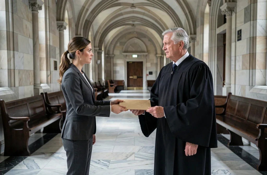Deux avocats effectuant une passation de dossier dans un couloir de palais de justice, symbolisant le transfert lors d'un changement d'avocat