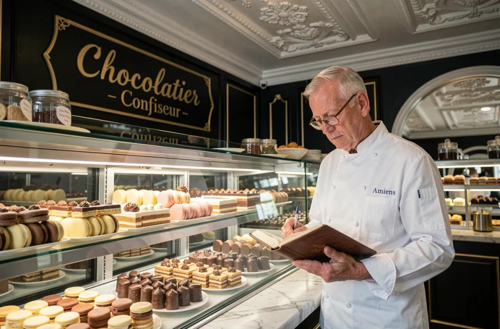 Pâtissier-chocolatier examinant ses registres dans une confiserie artisanale d'Amiens, référence à l'entreprise familiale Trogneux