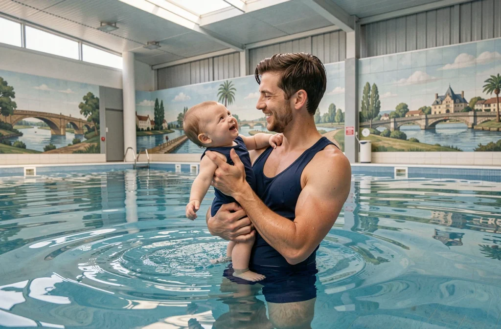 Père portant son bébé dans le bassin de la Piscine de Coeur de Loire lors d'un cours de bébé nageur