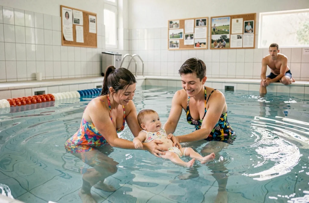 Parents et bébé nageur dans une piscine intercommunale des Loges lors d'un cours collectif