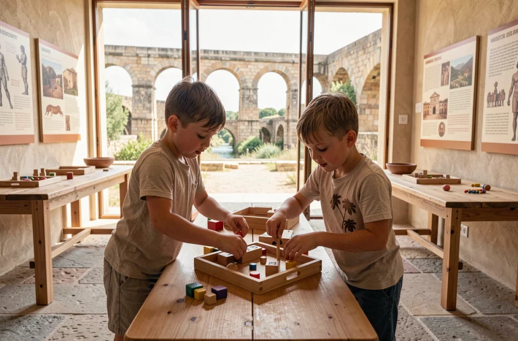 Enfants jouant dans l'espace Ludo du Pont du Gard avec le pont romain visible en arrière-plan