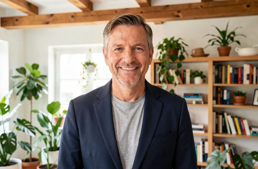 Portrait intérieur de Stéphane Marie dans son appartement en 2026, élégant et souriant entouré de plantes et de livres