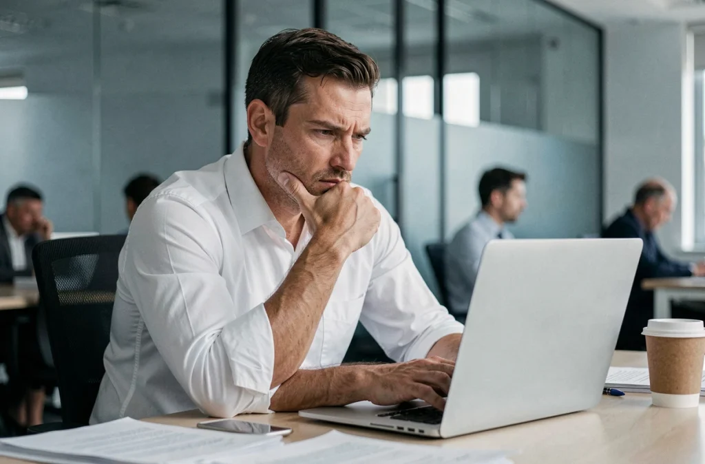 Homme au bureau fixant son écran avec un regard vide, illustrant l'impact du rejet parental sur l'estime de soi et la vie professionnelle