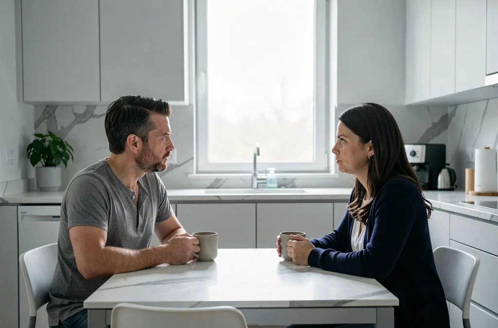 Couple en tension silencieuse dans une cuisine, illustrant l'impact du rejet parental sur la vie de couple