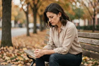 Femme adulte assise seule dans un parc, regard perdu, illustrant le rejet parental et l'isolement émotionnel