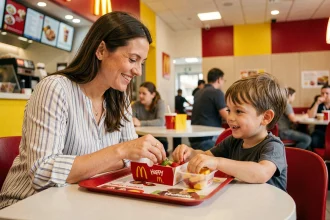 Mère française aidant son enfant à manger un Happy Meal plus équilibré avec des fruits frais dans un McDonald's