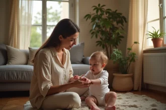 Maman appliquant un répulsif moustique naturel sur les bras de son bébé près d'une fenêtre ouverte en été