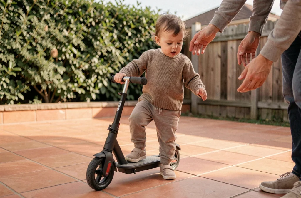 Tout-petit apprenant à monter sur un scooter électrique bébé sur une terrasse extérieure avec supervision parentale