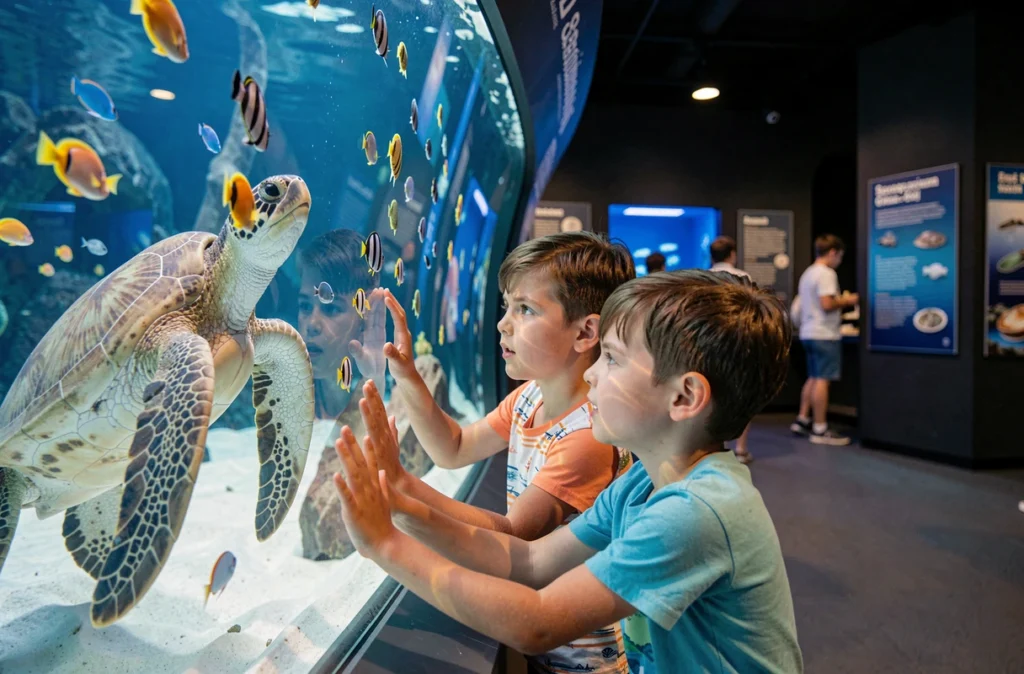 Enfants admirant une tortue marine à travers la vitre du Seaquarium du Grau-du-Roi