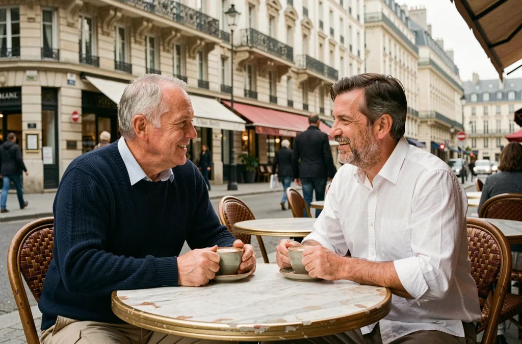 Stéphane Marie et son compagnon attablés en terrasse parisienne, moment de complicité partagé en 2026