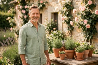 Portrait de Stéphane Marie dans son jardin en 2026, souriant et détendu parmi ses plantes et herbes aromatiques