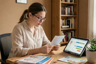 Mère consultant le suivi de santé de son enfant sur tablette et carnet de santé papier en 2026