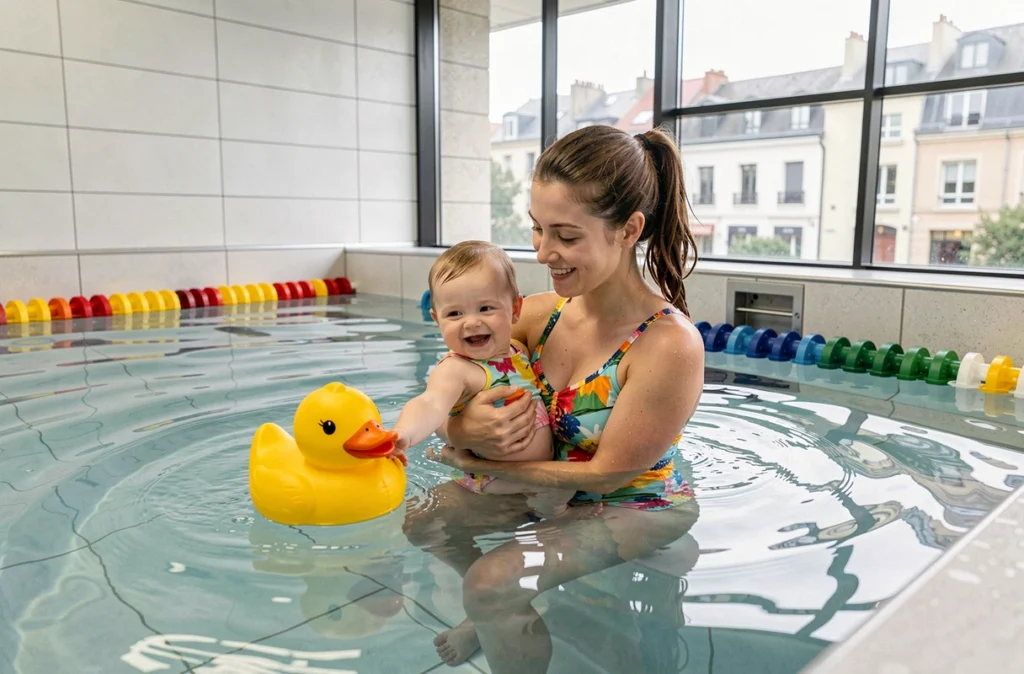 Cours de bébé nageur à Swim Stars Orléans avec une mère et son nourrisson dans le bassin d'apprentissage