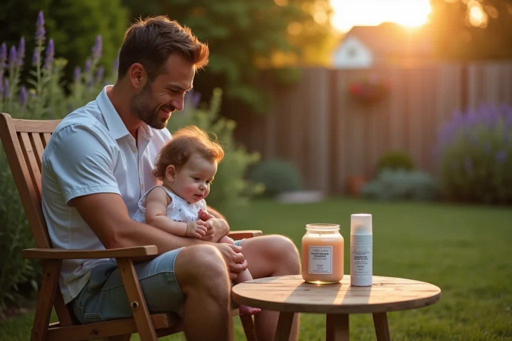 Papa avec son bébé en terrasse le soir en été, bougie anti-moustique et spray répulsif bébé posés sur la table