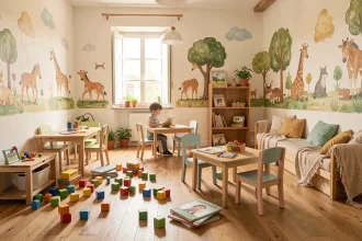 Vue d'ensemble d'une garderie en Occitanie avec salle de jeux colorée et mobilier adapté aux jeunes enfants