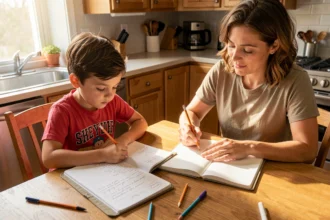 Un parent et un enfant font leurs devoirs de français à table