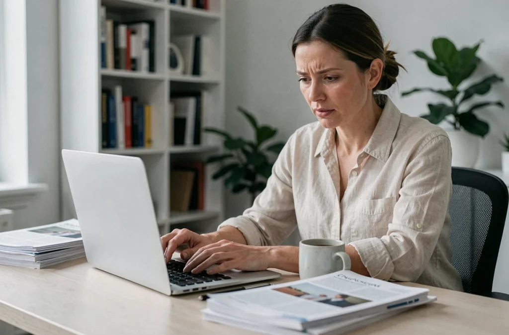 Femme professionnelle à son bureau à domicile réagissant à une notification sur les réseaux sociaux, évoquant l'intrusion numérique dans la sphère privée