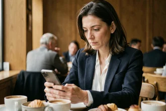 Femme assise seule dans un café regardant son téléphone avec une expression réservée, illustrant la vie privée et l'intimité à l'ère numérique
