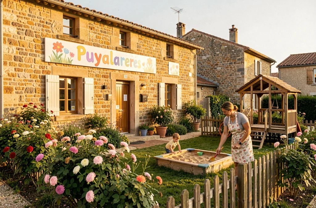 Façade extérieure et jardin de la crèche Vitton à Puylaurens avec espace de jeux extérieur et végétation fleurie